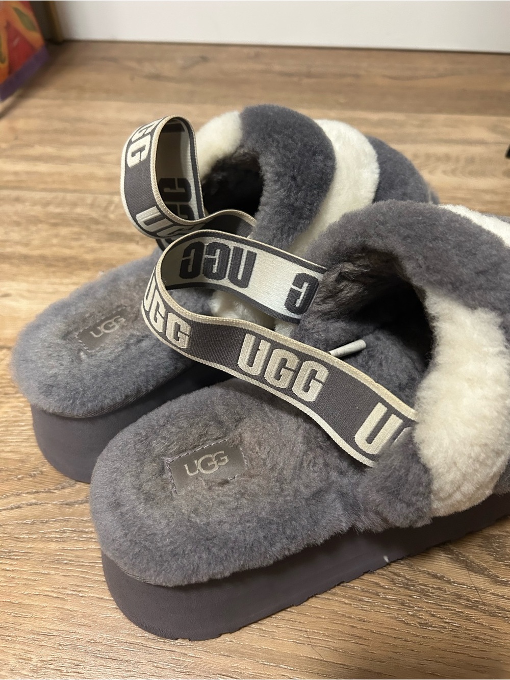 UGG Gray and Cream Shearling Slide with Elastic Strap